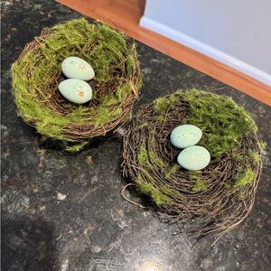 Cute Little Primitive Bird’s Nest Decor w/ Speckled Pastel Eggs Set of Two